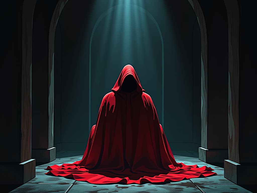  person in red robes, seated in a darkened room, walls closing in, atmosphere of heightened anxiety. the style is digital art illustration / modern comic book / graphic dark novel fantasy and mysterious occult, symbolic, moody lighting, esoteric vibe,high detail on character design. for the color scheme emphasize blacks and reds.