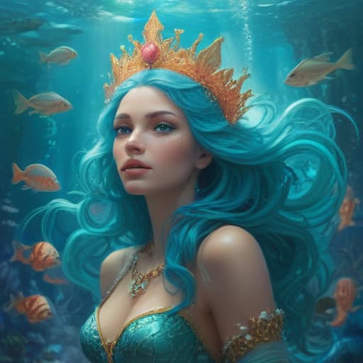 In the depths of the ocean, a majestic queen rules over the underwater city of Atlantis. Her flowing turquoise hair cascades down her shoulders, adorned with shimmering pearls and coral. She wears a crown made of seashells and her eyes gleam with wisdom and power. Behind her, a grand palace of crystal and coral rises from the ocean floor, surrounded by colorful sea creatures. The water around her shimmers with magic, reflecting the beauty of her kingdom. fantastical creatures or characters inspired by mythology, folklore, or popular culture. use vibrant colors, sharp lines, intricate details, dynamic poses, dramatic lighting, atmospheric backgrounds, and blend anime, manga, and Western comic influences.