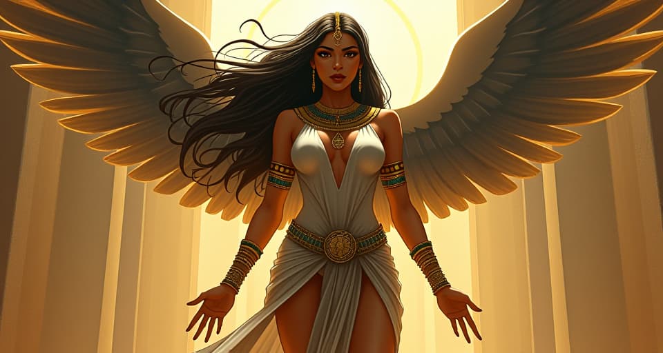  an unseen force behind a large busted priestess in sheer, form fitting garments, her hair flowing, guides, angels, and divine energies subtly visible, working tirelessly. the style is digital art illustration / modern comic book / mysterious occult, symbolic, esoteric vibe,high detail on character design, incorporating ancient egyptian symbology and attire.