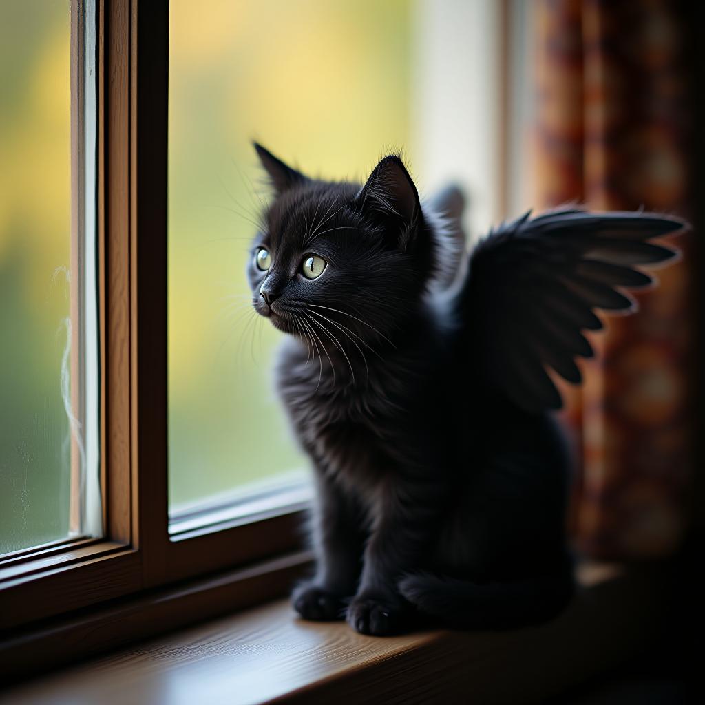  a little black kitten with wings is sitting on the window.