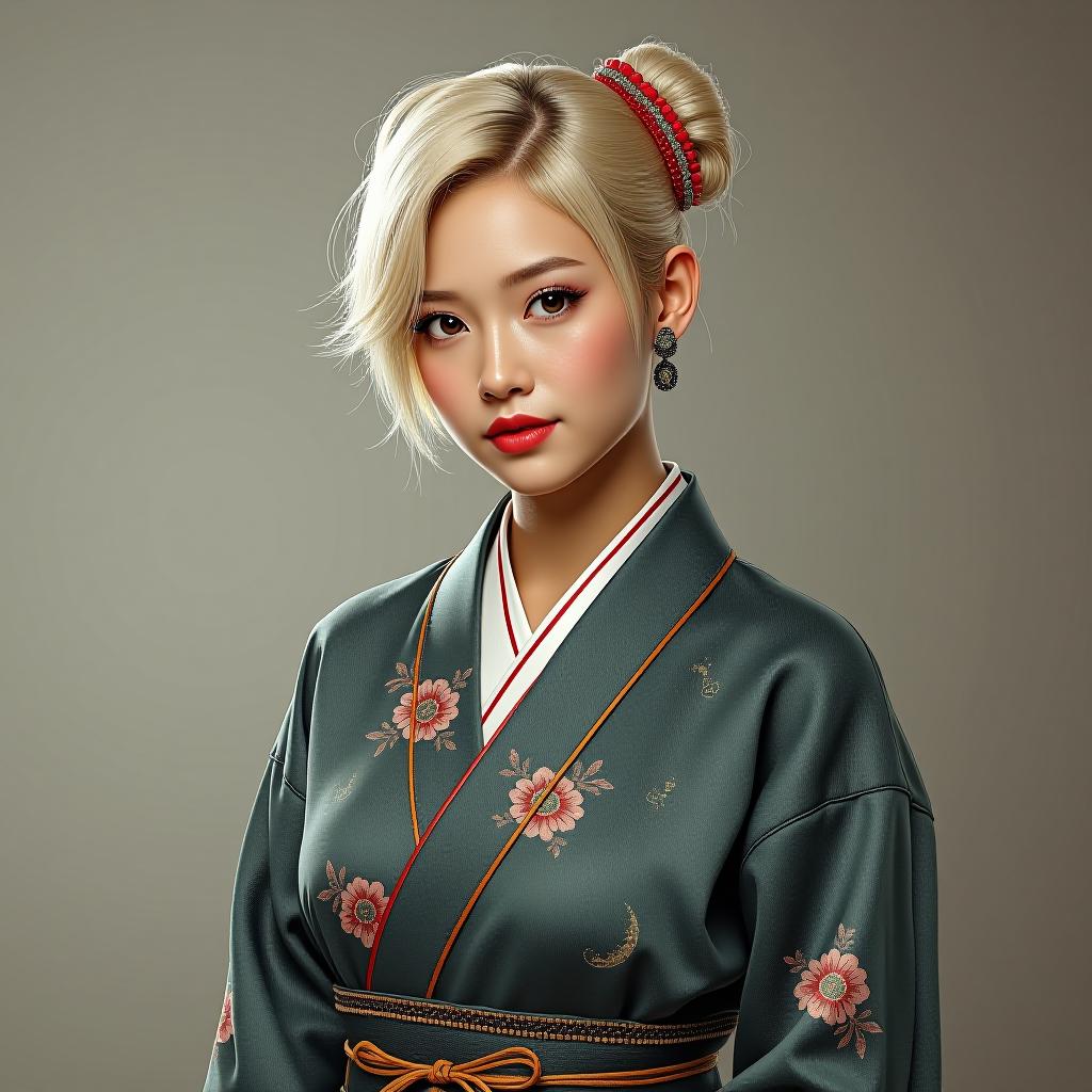  make an image of a woman with short blonde hair dressed up as a yijis from china