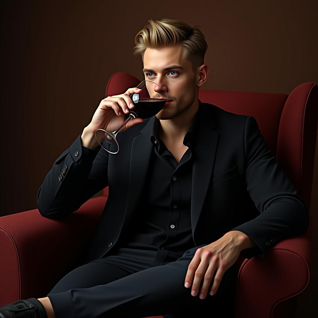  handsome man sitting on the chair and wearing black shoes and drinking wine, male, european, blonde, young adult, masterpiece, best quality