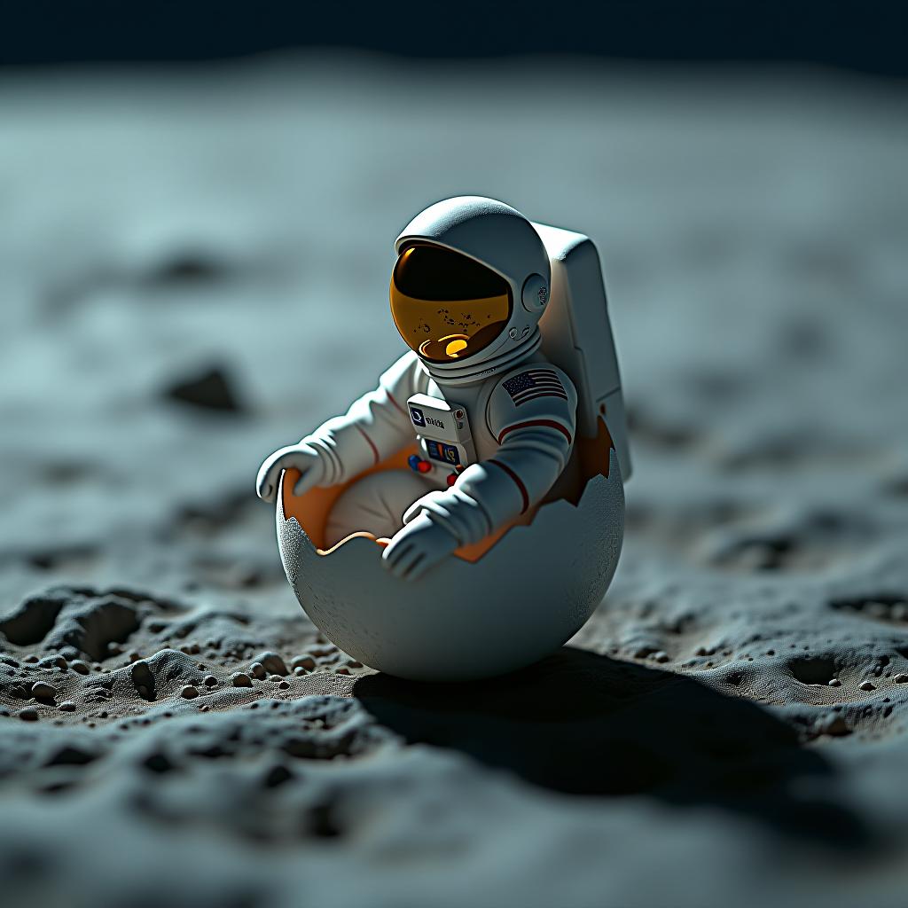  a tiny astronaut hatching from an egg on the moon hyperrealistic, full body, detailed clothing, highly detailed, cinematic lighting, stunningly beautiful, intricate, sharp focus, f/1. 8, 85mm, (centered image composition), (professionally color graded), ((bright soft diffused light)), volumetric fog, trending on instagram, trending on tumblr, HDR 4K, 8K