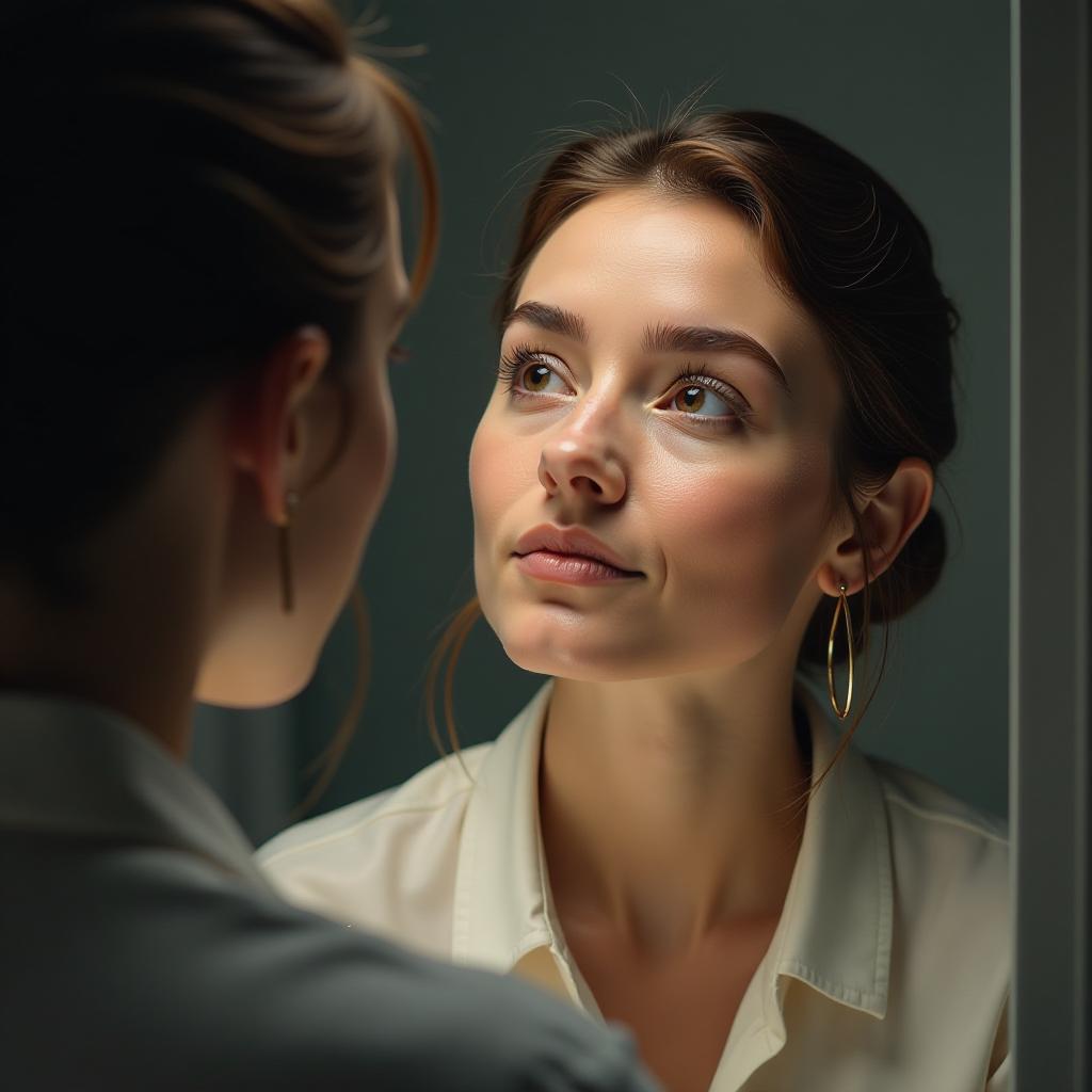  the girl, in awe, looks in the mirror after her eyebrow permanent makeup. hyperrealistic, full body, detailed clothing, highly detailed, cinematic lighting, stunningly beautiful, intricate, sharp focus, f/1. 8, 85mm, (centered image composition), (professionally color graded), ((bright soft diffused light)), volumetric fog, trending on instagram, trending on tumblr, HDR 4K, 8K