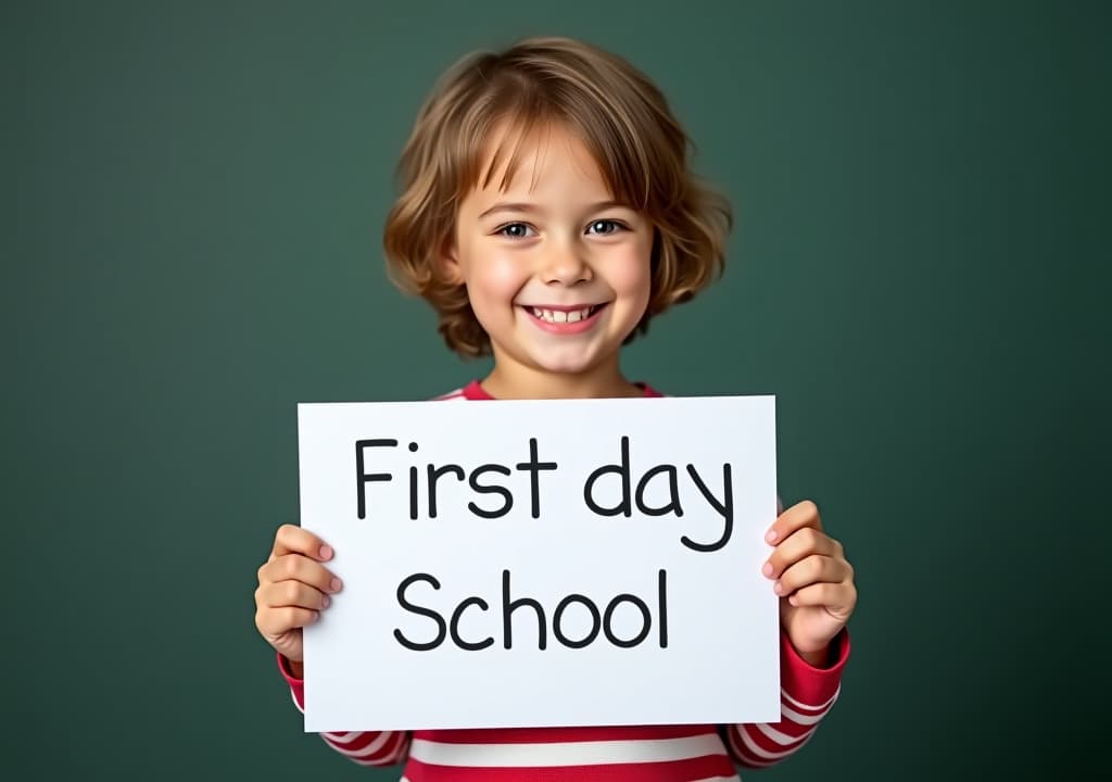  a young boy holding a sign that says first day school. she is smiling and looking happy