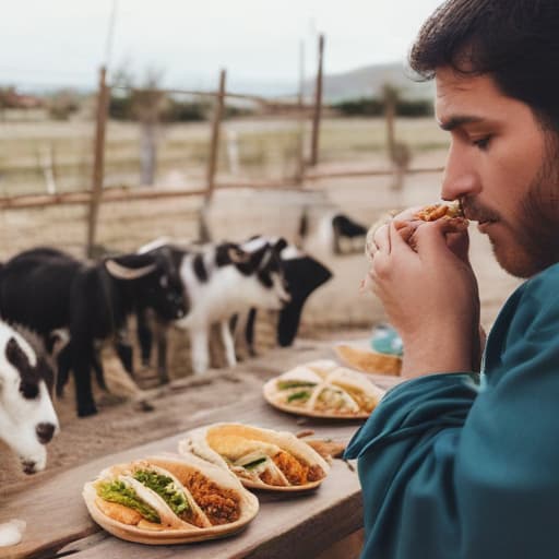 A man eating tacos while surrounded by baby goats