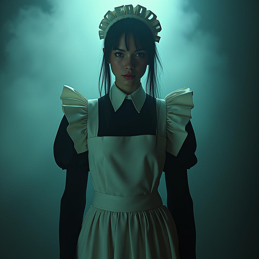  a with a big in a maid suit hyperrealistic, full body, detailed clothing, highly detailed, cinematic lighting, stunningly beautiful, intricate, sharp focus, f/1. 8, 85mm, (centered image composition), (professionally color graded), ((bright soft diffused light)), volumetric fog, trending on instagram, trending on tumblr, HDR 4K, 8K