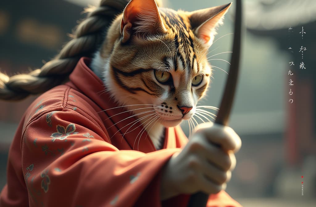  a fast action scene with realistic cats praticing martial arts in japan, realistic fantasy d & d character, closeup portrait art by donato giancola and greg rutkowski, realistic face, digital art, trending on artstation hyperrealistic, full body, detailed clothing, highly detailed, cinematic lighting, stunningly beautiful, intricate, sharp focus, f/1. 8, 85mm, (centered image composition), (professionally color graded), ((bright soft diffused light)), volumetric fog, trending on instagram, trending on tumblr, HDR 4K, 8K