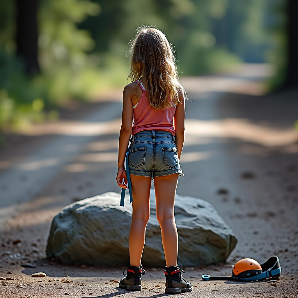  the girl is standing with her back to the camera, in front of her is a rock, and next to her lies climbing gear.