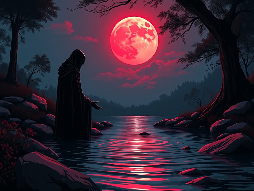  a healing spring, moonlight causing the water to shimmer, figure dipping their hands, sense of spiritual rejuvenation. the style is digital art illustration / modern comic book / graphic dark novel fantasy and mysterious occult, symbolic, moody lighting, esoteric vibe,high detail on character design. for the color scheme emphasize blacks and reds.