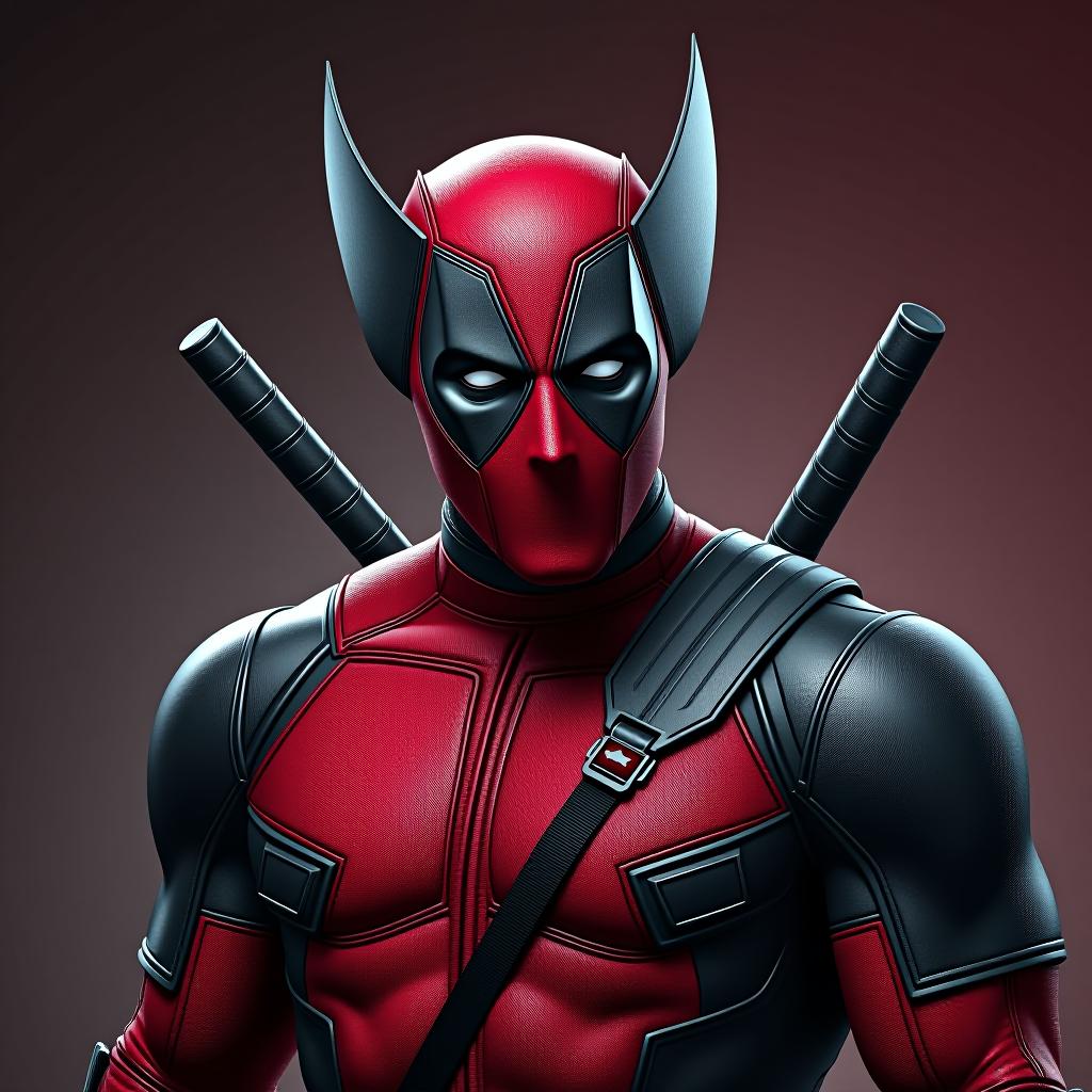  wolverine in a red and black uniform with deadpool features