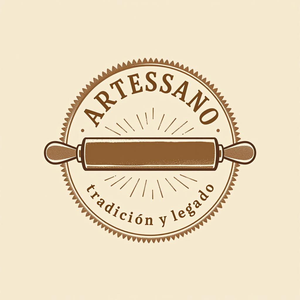  design a logo, in a pencil style. “artessano” simple and elegant design circular design light and brown tones use a rolling pin image , with the text 'tradición y legado'.