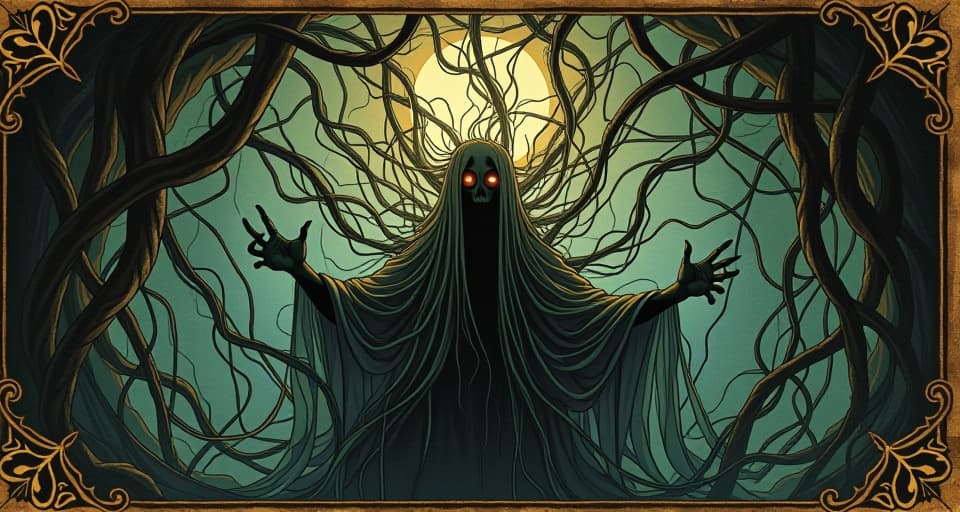  a complex web of deceitful strands, glinting dangerously, foreboding shadows, pale light, intricate, treacherous. an illustration in the style of a worn, mystical old tarot trump card, mysterious and elements of surrealism. the colors are muted, somber and eerie, but with contrast bring out an occult and esoteric vibe.