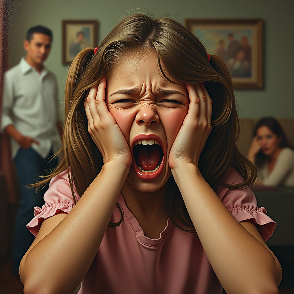  hyperrealistic art masterpiece. (painting. a girl in a rage, screaming, wrinkling her face and covering her ears with her hands, her parents standing nearby and arguing in the room:1.5). intense close up. highly detailed strokes, clarity. fantasy, surrealism style. pinup style:1.5) . extremely high resolution details, photographic, realism pushed to extreme, fine texture, incredibly lifelike hyperrealistic, full body, detailed clothing, highly detailed, cinematic lighting, stunningly beautiful, intricate, sharp focus, f/1. 8, 85mm, (centered image composition), (professionally color graded), ((bright soft diffused light)), volumetric fog, trending on instagram, trending on tumblr, HDR 4K, 8K