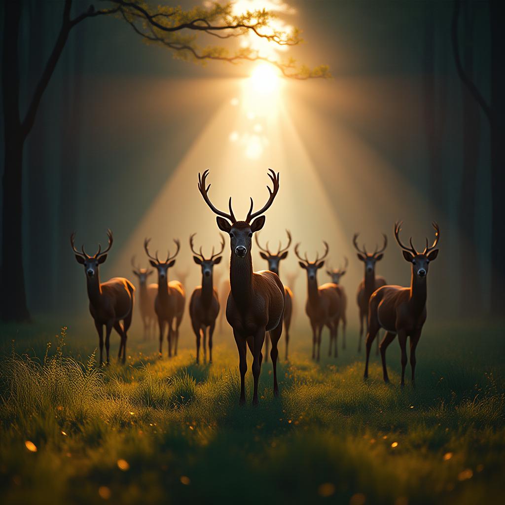  a herd of deers in a forest opening at dawn, the sun rays over the tree tops illuminate the scene hyperrealistic, full body, detailed clothing, highly detailed, cinematic lighting, stunningly beautiful, intricate, sharp focus, f/1. 8, 85mm, (centered image composition), (professionally color graded), ((bright soft diffused light)), volumetric fog, trending on instagram, trending on tumblr, HDR 4K, 8K