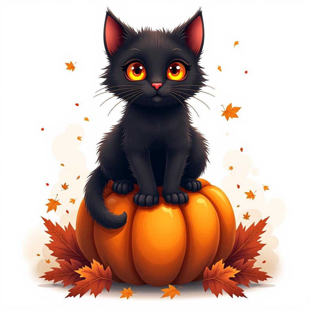  a cute black cat with glowing eyes sitting on a pumpkin, surrounded by swirling autumn leaves in a whimsical style, with warm, moody lighting. t shirt design, vector, contour, white background, no mockup hyperrealistic, full body, detailed clothing, highly detailed, cinematic lighting, stunningly beautiful, intricate, sharp focus, f/1. 8, 85mm, (centered image composition), (professionally color graded), ((bright soft diffused light)), volumetric fog, trending on instagram, trending on tumblr, HDR 4K, 8K