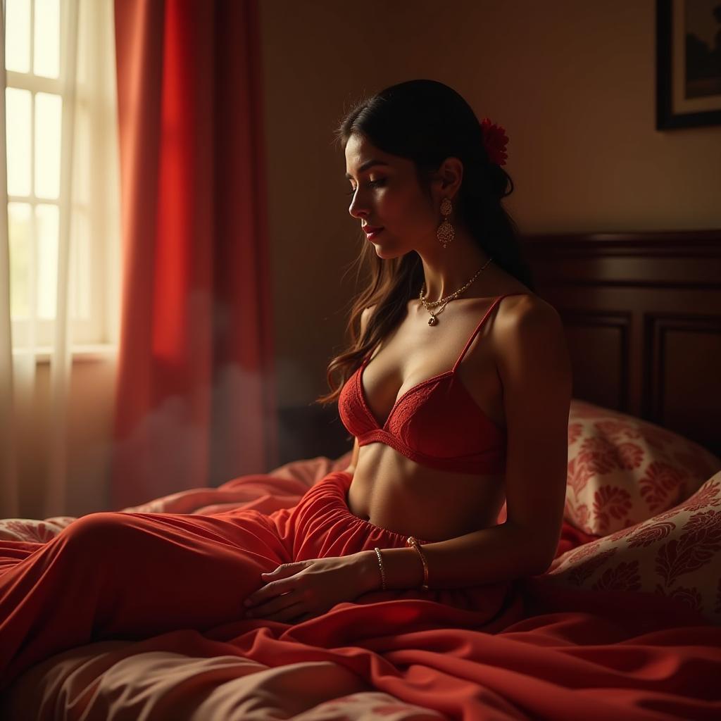  beautiful naked indian shy girl on her first wedding bed waiting for her husband, beautiful red hyperrealistic, full body, detailed clothing, highly detailed, cinematic lighting, stunningly beautiful, intricate, sharp focus, f/1. 8, 85mm, (centered image composition), (professionally color graded), ((bright soft diffused light)), volumetric fog, trending on instagram, trending on tumblr, HDR 4K, 8K