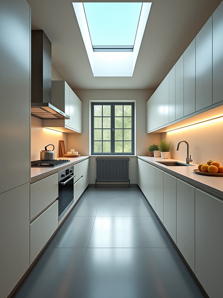  high quality portrait photo of a galley kitchen with sleek, minimalist design, featuring floor to ceiling cabinets in a light color, a long narrow island with built in appliances, and a skylight bringing in natural light hyperrealistic, full body, detailed clothing, highly detailed, cinematic lighting, stunningly beautiful, intricate, sharp focus, f/1. 8, 85mm, (centered image composition), (professionally color graded), ((bright soft diffused light)), volumetric fog, trending on instagram, trending on tumblr, HDR 4K, 8K