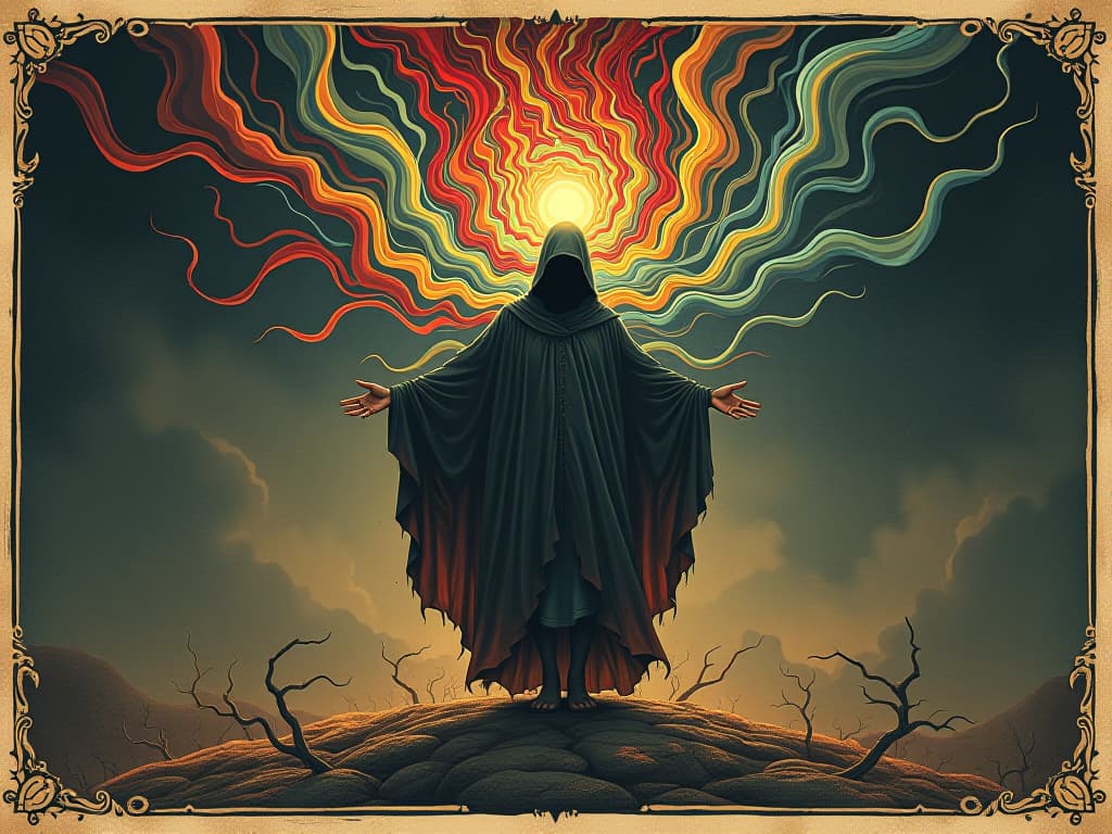  figure shedding earthly constraints, colorful, flowing energies spiral outward, limitless, expansive. an illustration in the style of a worn, mystical old tarot trump card, mysterious and elements of surrealism. the colors are muted, somber and eerie, but with contrast bring out an occult and esoteric vibe.