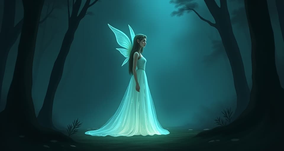  an ethereal elf with luminous eyes, standing alone in a shadowy forest. her translucent gown glows faintly, exuding a mysterious, intense energy.. the style is digital art illustration,highly detailed, whimsical,magical, dreamlike atmosphere, realism and fantasy blend, smooth, glossy textures,luminous quality, wonder and enchantment.