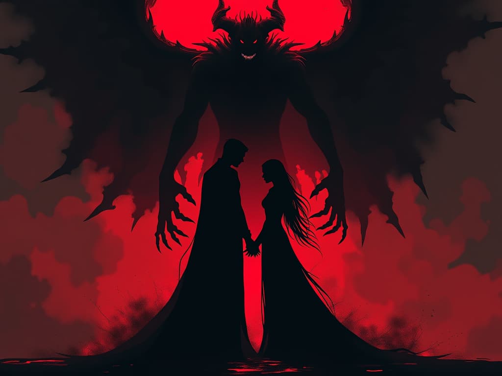  two figures standing close, shadows beginning to reveal one’s true monstrous form, palpable sense of betrayal. the style is digital art illustration / modern comic book / graphic dark novel fantasy and mysterious occult, symbolic, moody lighting, esoteric vibe,high detail on character design. for the color scheme emphasize blacks and reds.