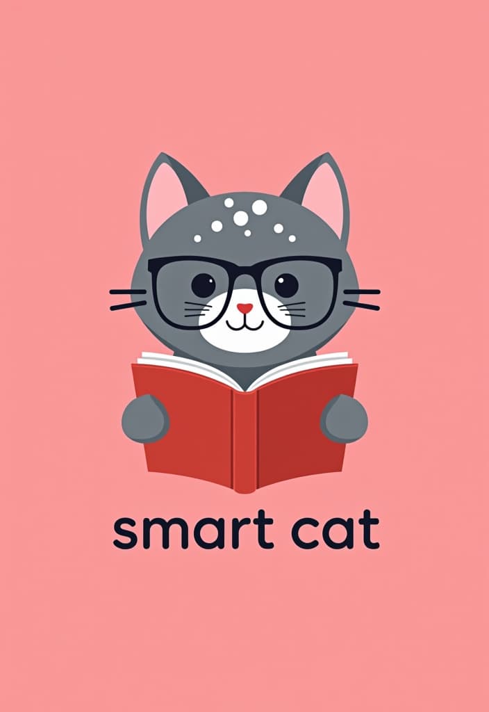  design a logo, a gray cat with white spots reading with some glasses, pink background , with the text 'smart cat'.