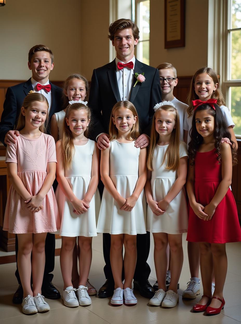  group of young second grade ren, dressed in their finest attire, gather together. they are posing for a group photo to commemorate their first communion. in the front row, the ren stand with their hands clasped and their heads bowed. behind them, a second row of ren stands, their faces beaming with excitement. among them, a towering, toned young second grade girl stands out. she is exceptionally tall, towering over her clmates. her immense height is striking, creating a stark contrast with the smaller rs around her. in the gesture of affection, she put hands on the rs beside her. her legs, extremely long and toned, extend far below her , daring pencil black short mini and red louboutin platform high h