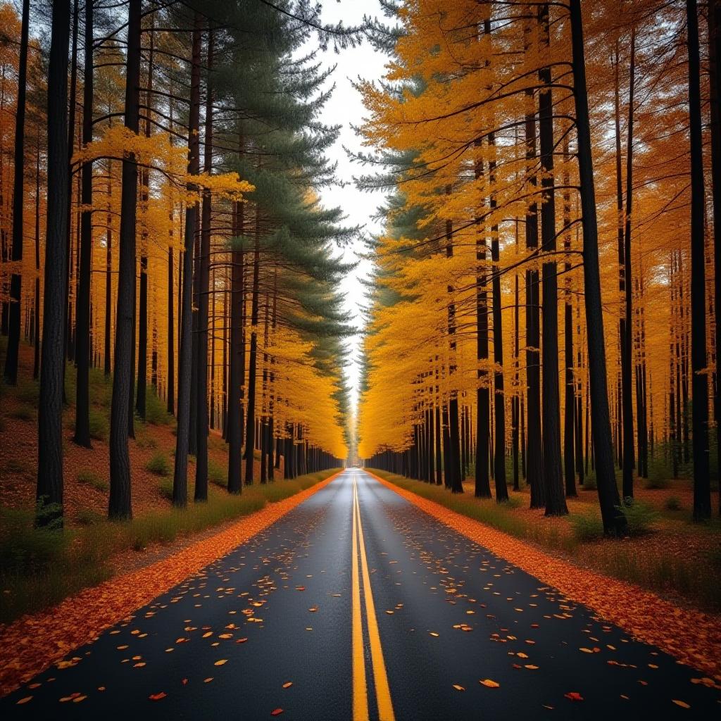  autumn leaves on road in pine forest