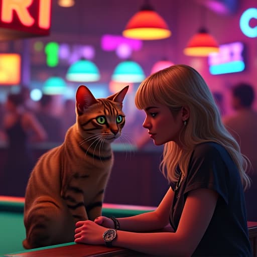  in a bustling bar, hemule, the sleek light brown tabby cat with green eyes and a rebellious aura, engages a beautiful blonde girl. the scene, vibrant and comic like, captures hemule's edgy charisma amidst neon lights, pool tables, and a lively crowd, exuding a mix of charm and mystery. hyperrealistic, full body, detailed clothing, highly detailed, cinematic lighting, stunningly beautiful, intricate, sharp focus, f/1. 8, 85mm, (centered image composition), (professionally color graded), ((bright soft diffused light)), volumetric fog, trending on instagram, trending on tumblr, HDR 4K, 8K