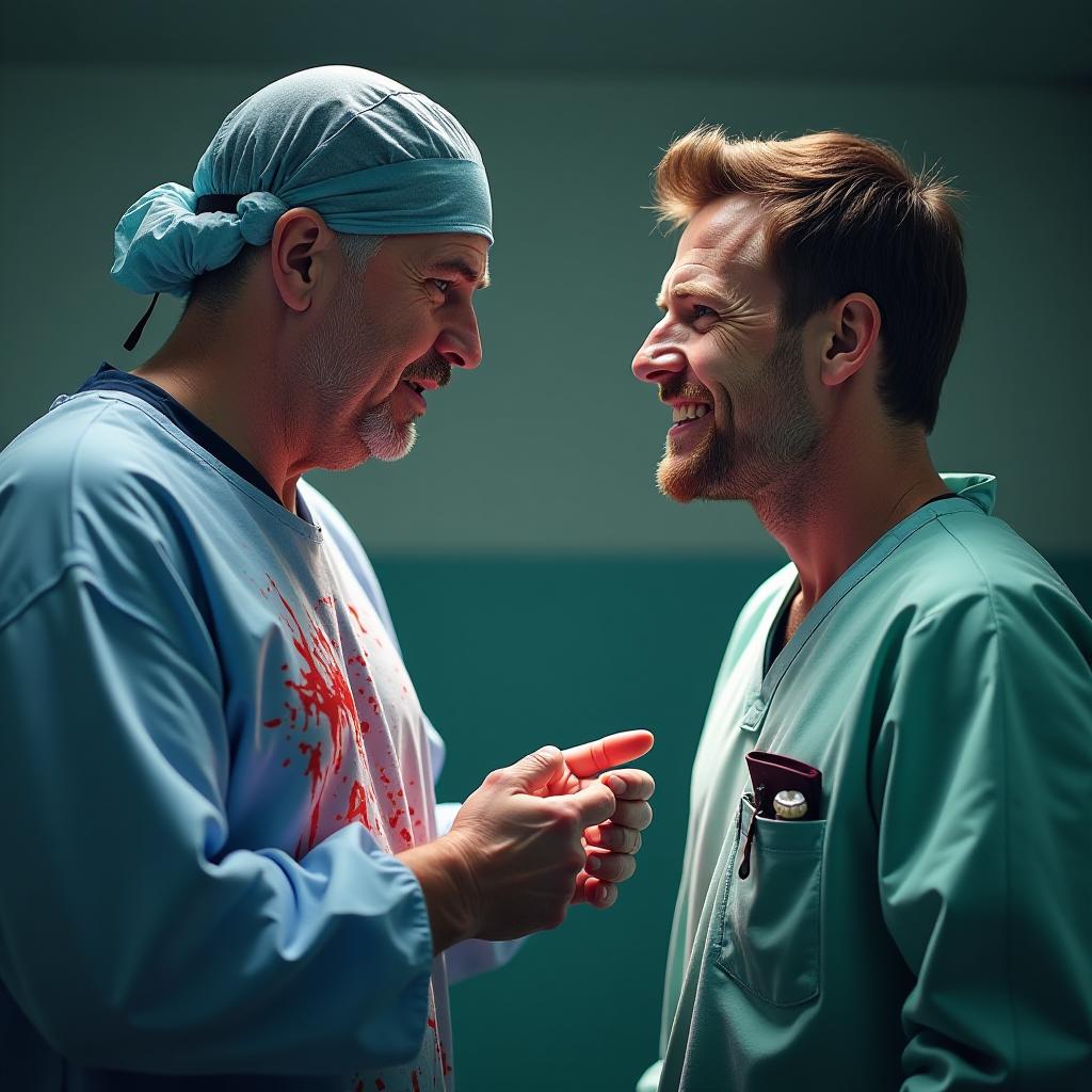  the surgeon and orthodontist are discussing the expansion of the upper jaw. the surgeon is covered in blood, while the orthodontist has braces in his pocket. hyperrealistic, full body, detailed clothing, highly detailed, cinematic lighting, stunningly beautiful, intricate, sharp focus, f/1. 8, 85mm, (centered image composition), (professionally color graded), ((bright soft diffused light)), volumetric fog, trending on instagram, trending on tumblr, HDR 4K, 8K