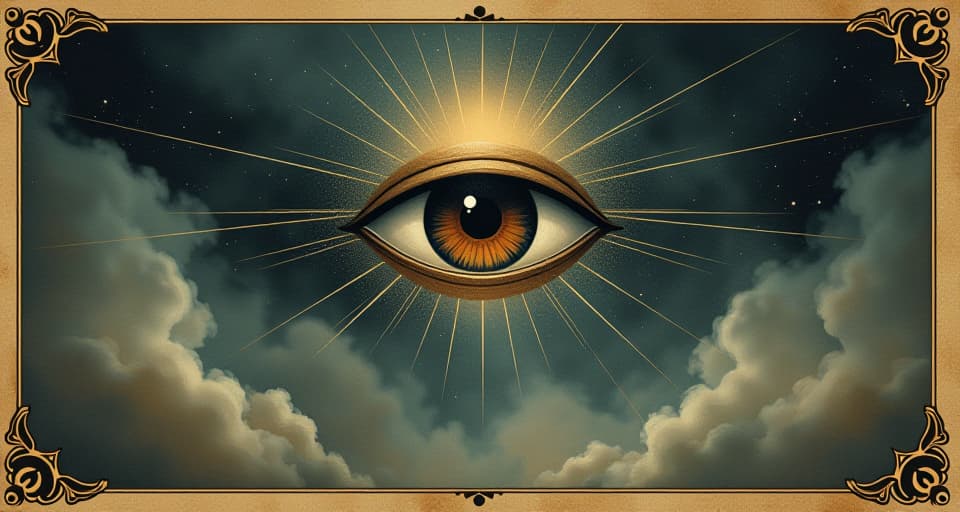  eye of horus, cosmic backdrop, surrounded by ethereal mist, abstract lines, suggesting the flow of time and space, perception, timeless.. an illustration in the style of a worn, mystical old tarot trump card, mysterious and elements of surrealism. the colors are muted, somber and eerie, but with contrast bring out an occult and esoteric vibe.