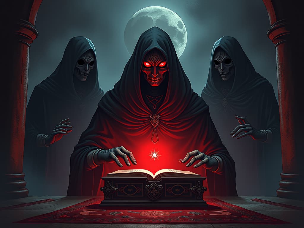  antique relics, pulsing with dark energy, surrounded by ghostly apparitions. the style is digital art illustration / modern comic book / graphic dark novel fantasy and mysterious occult, symbolic, moody lighting, esoteric vibe,high detail on character design. for the color scheme emphasize blacks and reds.