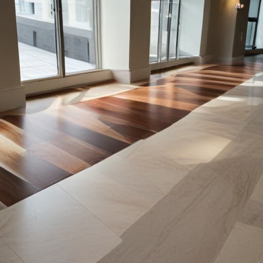 A photo of exquisite hardwood flooring samples arranged artistically on a sleek marble surface, showcasing different shades and textures, in a modern showroom during the soft afternoon sunlight filtering through large windows, casting a warm and inviting glow over the elegant display.