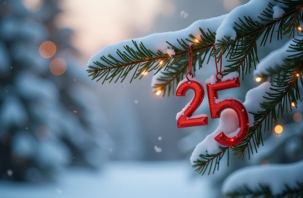  «2025» digits hanging on snowy xmas tree branch, blurred christmas outdoors background ar 3:2 {prompt}, maximum details