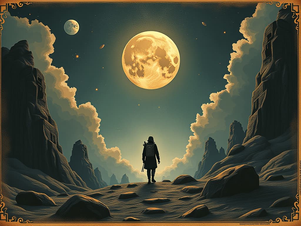  an explorer in a cosmic landscape, figure navigating between realms, ethereal lights, sense of boundless journey. an illustration in the style of a worn, mystical old tarot trump card, mysterious and elements of surrealism. the colors are muted, somber and eerie, but with contrast bring out an occult and esoteric vibe.