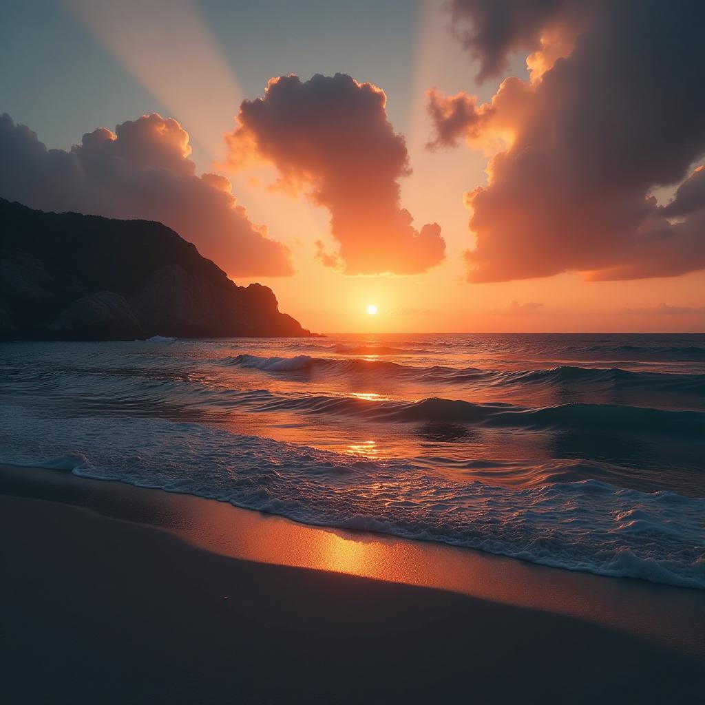  generate an image of a sunset over the sea. hyperrealistic, full body, detailed clothing, highly detailed, cinematic lighting, stunningly beautiful, intricate, sharp focus, f/1. 8, 85mm, (centered image composition), (professionally color graded), ((bright soft diffused light)), volumetric fog, trending on instagram, trending on tumblr, HDR 4K, 8K