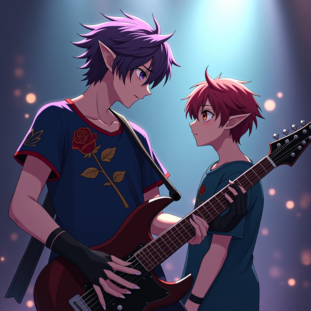  anime artwork the rock performer wears black gloves with metal claws on his hands. a dark elf is a young man performing on stage in front of his younger brother with a guitar in his hands. the younger brother of a young man appears in the form of a dark elf with cherry colored hair and amber eyes, dressed in a blue t shirt with a pattern in the form of a golden rose with a scarlet bud. the appearance of the older brother: a dark elf is a young man with marble white skin, purple hair with a scarlet tint, pointed tips of ears, lavender eyes with a red tint, dressed in a red purple shirt embroidered with red gold, embroidery on the shirt is made in the form of plant stems, dressed in a dark scarlet semi jacket over shirts, a hairstyle in th hyperrealistic, full body, detailed clothing, highly detailed, cinematic lighting, stunningly beautiful, intricate, sharp focus, f/1. 8, 85mm, (centered image composition), (professionally color graded), ((bright soft diffused light)), volumetric fog, trending on instagram, trending on tumblr, HDR 4K, 8K