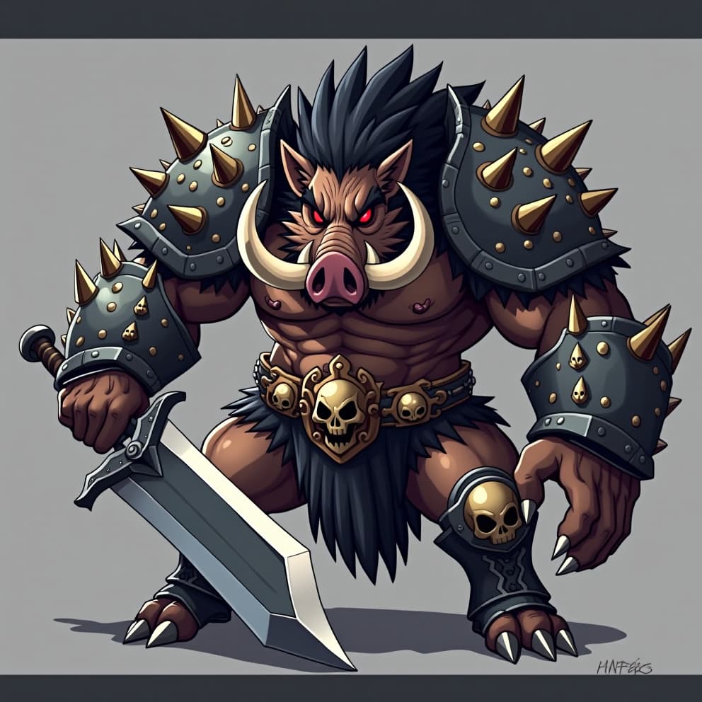  create a 2d anime style character of a large, menacing boar like creature with spiky dark hair, glowing red eyes, and massive tusks. the creature wears heavy, jagged armor adorned with metallic spikes and skulls, emphasizing its brute strength and ferocity. its muscular body is covered with fur, and it wields a large, jagged blade in one hand. the character should have a powerful, intimidating stance, with exaggerated features typical of anime villains, set against a simple background.hyper detail, intricate details, sharp focus, high resolution, 8k, ultra detailed, vib