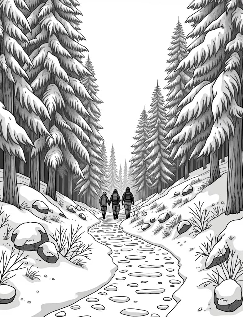  this is for an adult coloring page. a detailed black and white line art of a snowy snowy woodland trail with a group of hikers walking on a solid white background.