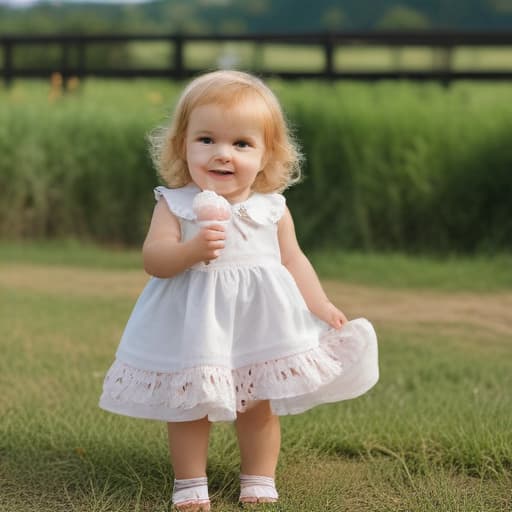 Coloque um bebê de 6 meses com vestido de sorvete em uma festa de aniversário de sorvete em um campo muito bonito