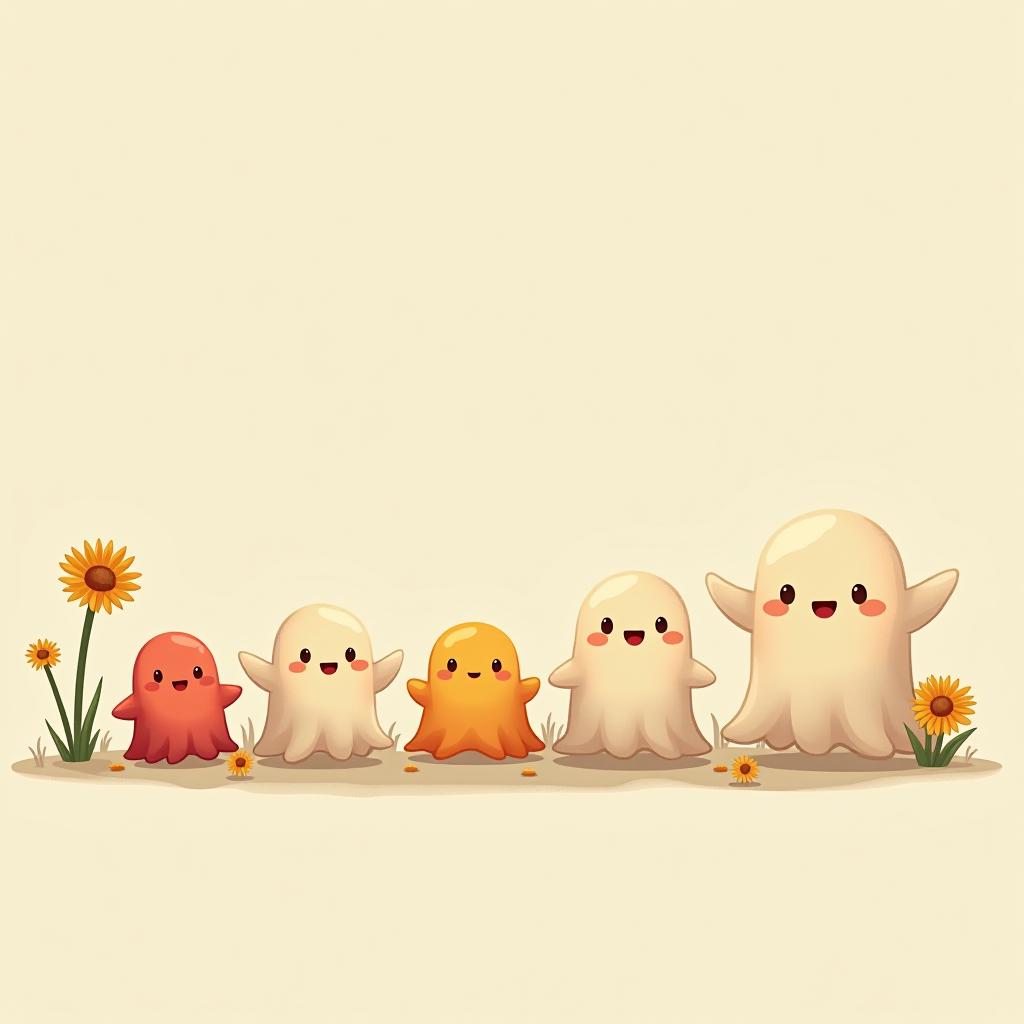  create a digital illustration featuring a row of four or five cute, cartoonish ghost characters, each with a different appearance, standing in different positions within sparse, life like wildflowers.