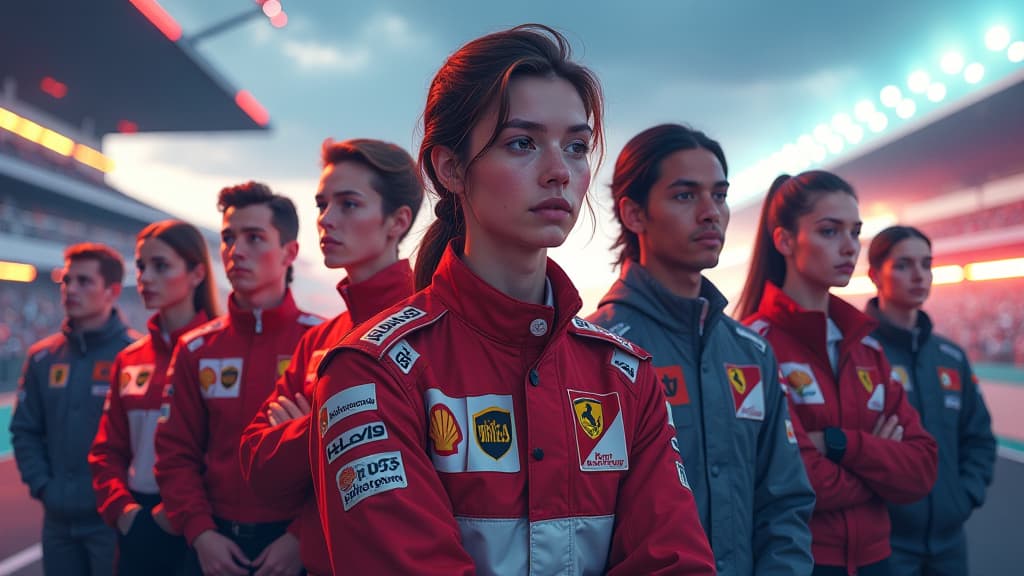  prompt: create an ultra realistic and detailed image showcasing the importance of officials in motorsport. the composition should include a diverse group of young talents being recruited by the fia's new department, set against a dynamic racing event backdrop. highlight various officials such as track safety stewards and race directors, emphasizing their roles in ensuring fairness and safety. incorporate fia and amazon logos subtly in the background. use vibrant colors and dramatic lighting to c