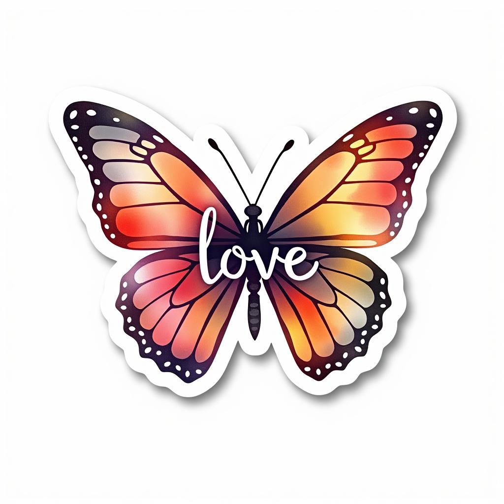  design a logo, custom sticker design on an isolated white background decorated by watercolor butterfly, with the text ‘love’