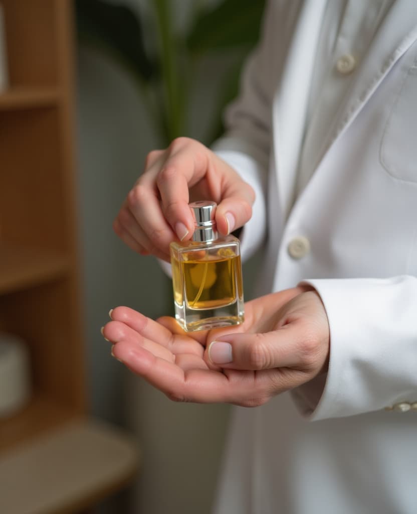  man demonstration of the process of applying perfume on the wrist using perfume, hands, it is convenient to use our product