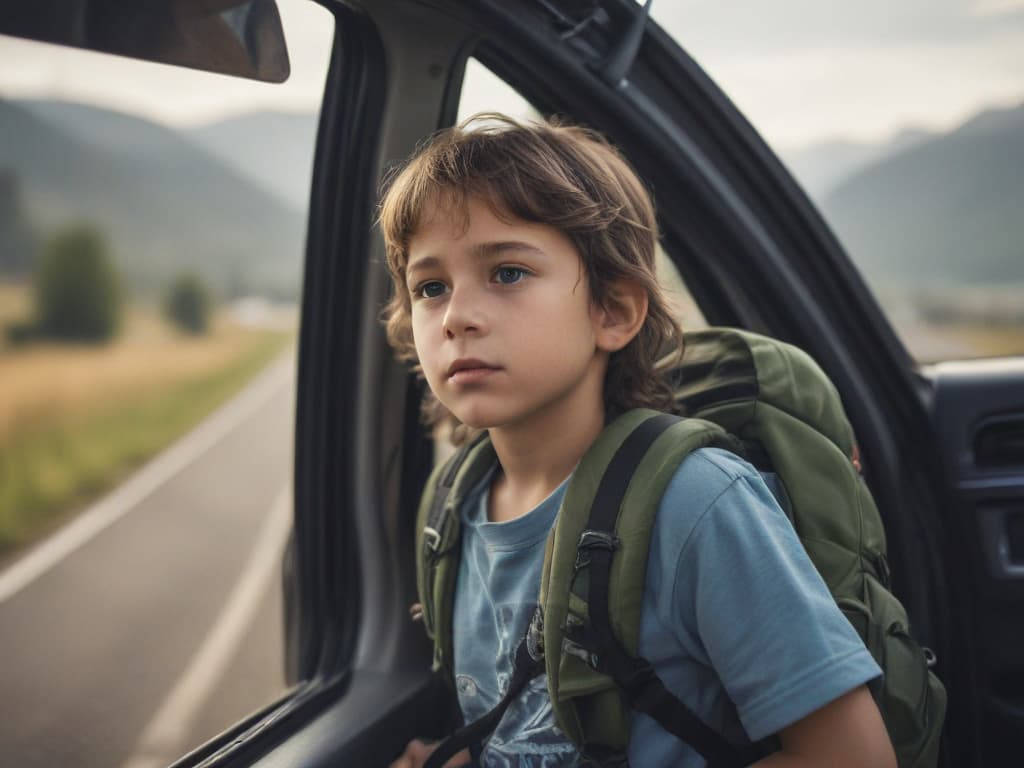 ultra realistic ((ultra realistic ((A child with a backpack, eagerly looking out of a car window on a road trip.)))) hyperrealistic, full body, detailed clothing, highly detailed, cinematic lighting, stunningly beautiful, intricate, sharp focus, f/1. 8, 85mm, (centered image composition), (professionally color graded), ((bright soft diffused light)), volumetric fog, trending on instagram, trending on tumblr, HDR 4K, 8K