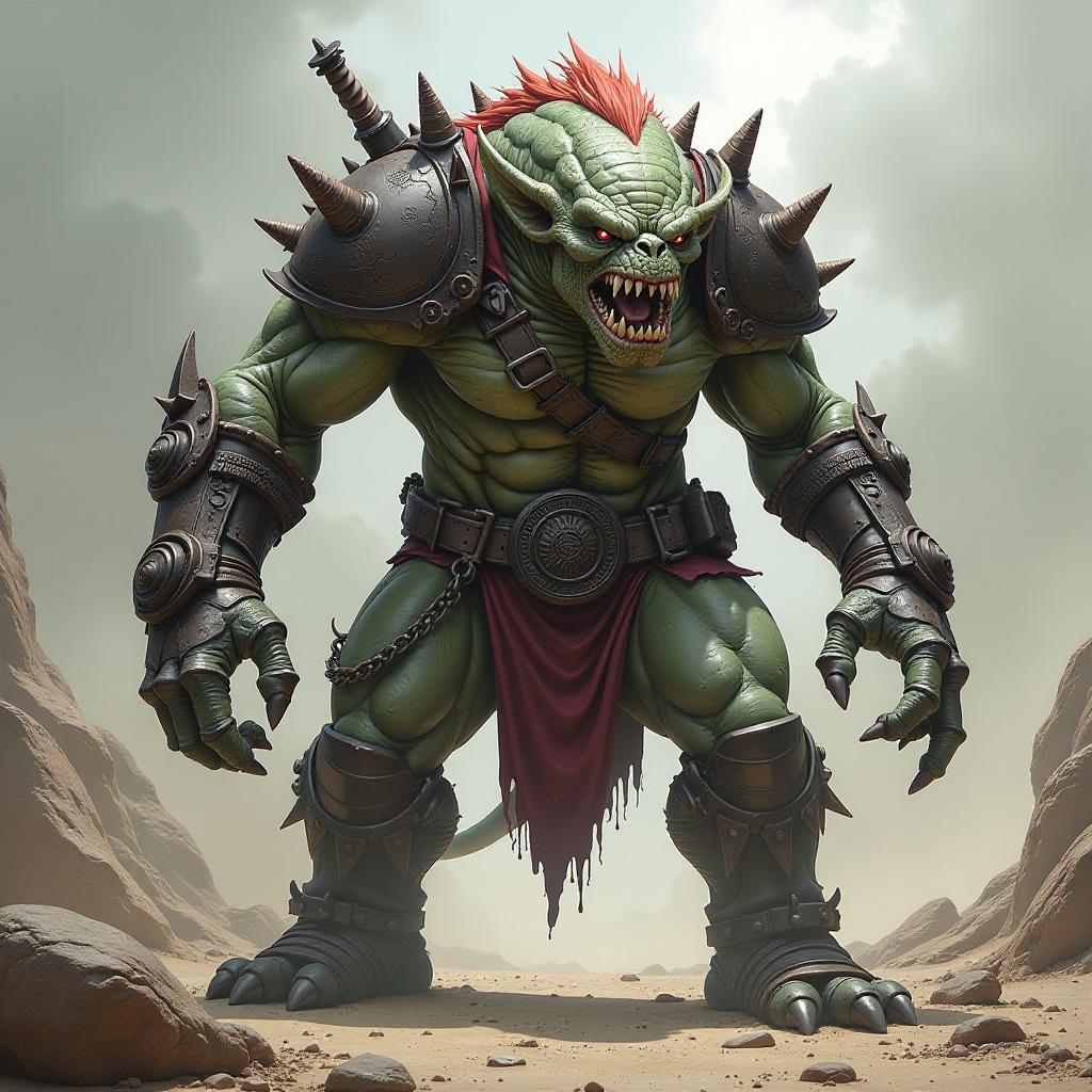  a terrible monster with a lot of combat accessories, a monster remotely resembling an orc