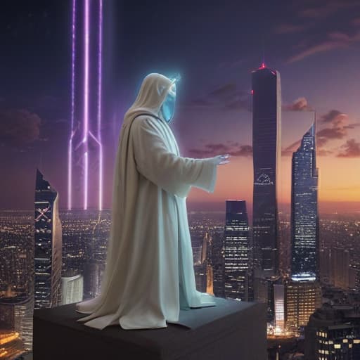 In a futuristic cityscape under a neon-lit sky, a mystical figure with glowing white eyes and two fingers raised towards the heavens stands atop a skyscraper. The figure's flowing robes billow in the wind as they channel their energy into banishing a radiant Synchro monster from the digital ether. Below, a "Tarnished" monster kneels, eagerly awaiting the arrival of a "Great Rune" card, which hovers in the air, bathed in a celestial light. The scene is both awe-inspiring and mysterious, capturing the essence of ancient powers merging with modern technology. fantastical creatures or characters inspired by mythology, folklore, or popular culture. use vibrant colors, sharp lines, intricate details, dynamic poses, dramatic lighting, atmospheric 