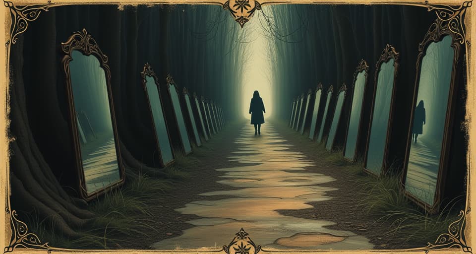  a narrow, winding path lined with shattered mirrors, dark somber tones, reflections of distant figures, sense of loss and transition. an illustration in the style of a worn, mystical old tarot trump card, mysterious and elements of surrealism. the colors are muted, somber and eerie, but with contrast bring out an occult and esoteric vibe.