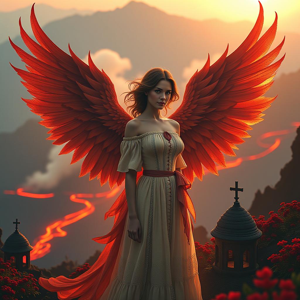  concept art (digital image, double exposure, masterpiece:1.3). (a beautiful girl in the image of a phoenix in vintage clothes, magnificent wings behind her back, expressive beautiful eyes, a look at the viewer:1.6). red ((fiery rivers of lava)), small rounded houses with pointed roofs. (background: eruption of vesuvius:1.4). a fascinating sight, (flowers from the flames:1.4), bright accents. revival. (in the style of josephine wall:1.5). high detail, realistic fantasy, 1024k resolution, hdr. . digital artwork, illustrative, painterly, matte painting, highly detailed hyperrealistic, full body, detailed clothing, highly detailed, cinematic lighting, stunningly beautiful, intricate, sharp focus, f/1. 8, 85mm, (centered image composition), (professionally color graded), ((bright soft diffused light)), volumetric fog, trending on instagram, trending on tumblr, HDR 4K, 8K