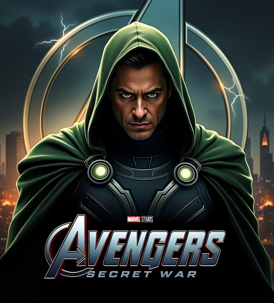  a hyper realistic movie poster for "avengers secret war" starring robert downey jr. as doctor doom. he is depicted with a sinister expression, wearing a heavily armored, dark green cloak. the background shows a war torn city in shadows, with the avengers logo partially illuminated by crackling energy.